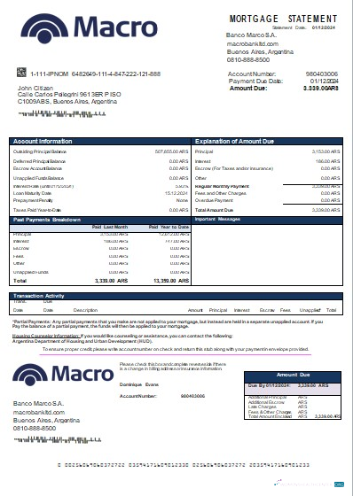 Download Argentina Banco Macro S.A. bank mortgage statement scr Photoshop template